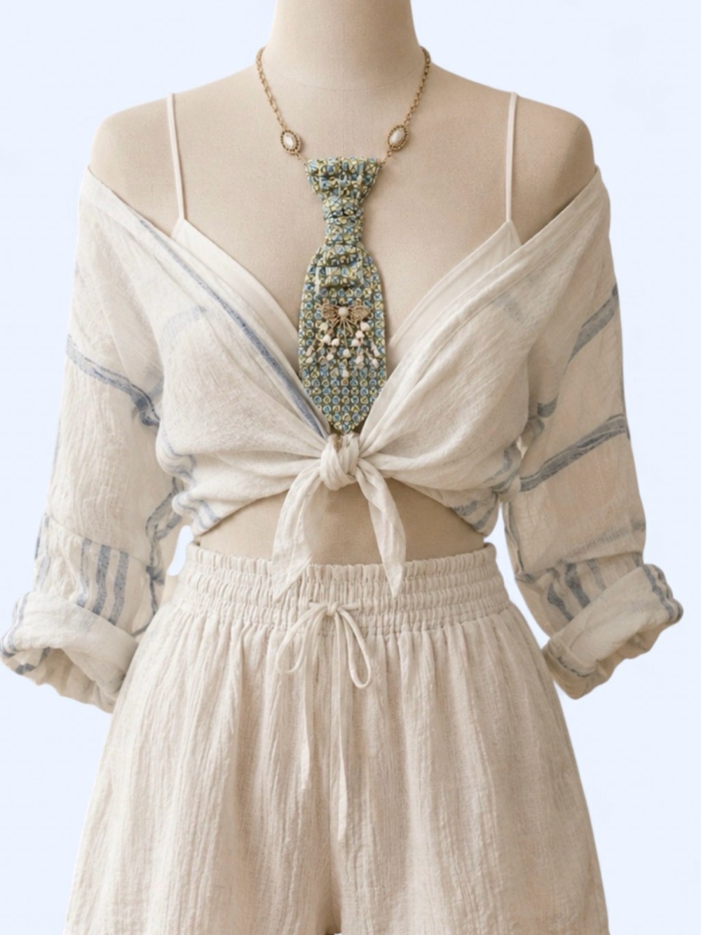 Geometric Green Blue Tie Necklace with Pearl Fringe Boho Chic Festival Vibes - Picture 6 of 6
